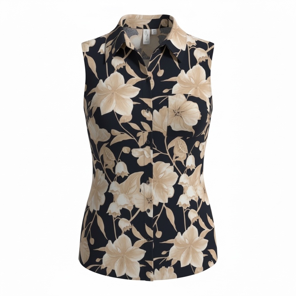 JOIE Navy Floral Print Linen Blend Button Up Sleeveless Beach Vacation Sz Medium